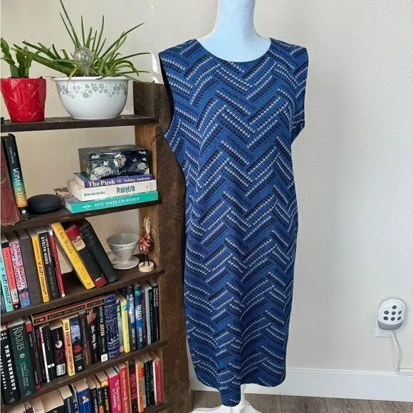 🌞 Misook Chevron Sleeveless Acrylic Knit Sheath Dress Size Large Blue Black