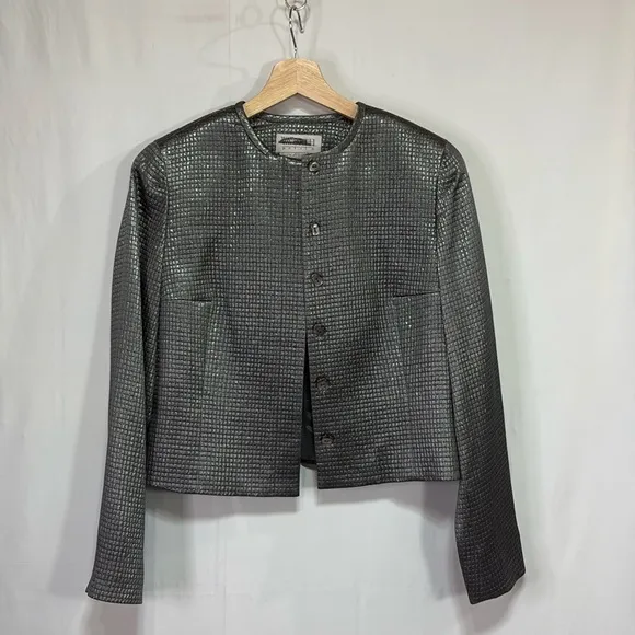 👂🏽 Worth grey metallic silk blend collarless short blazer