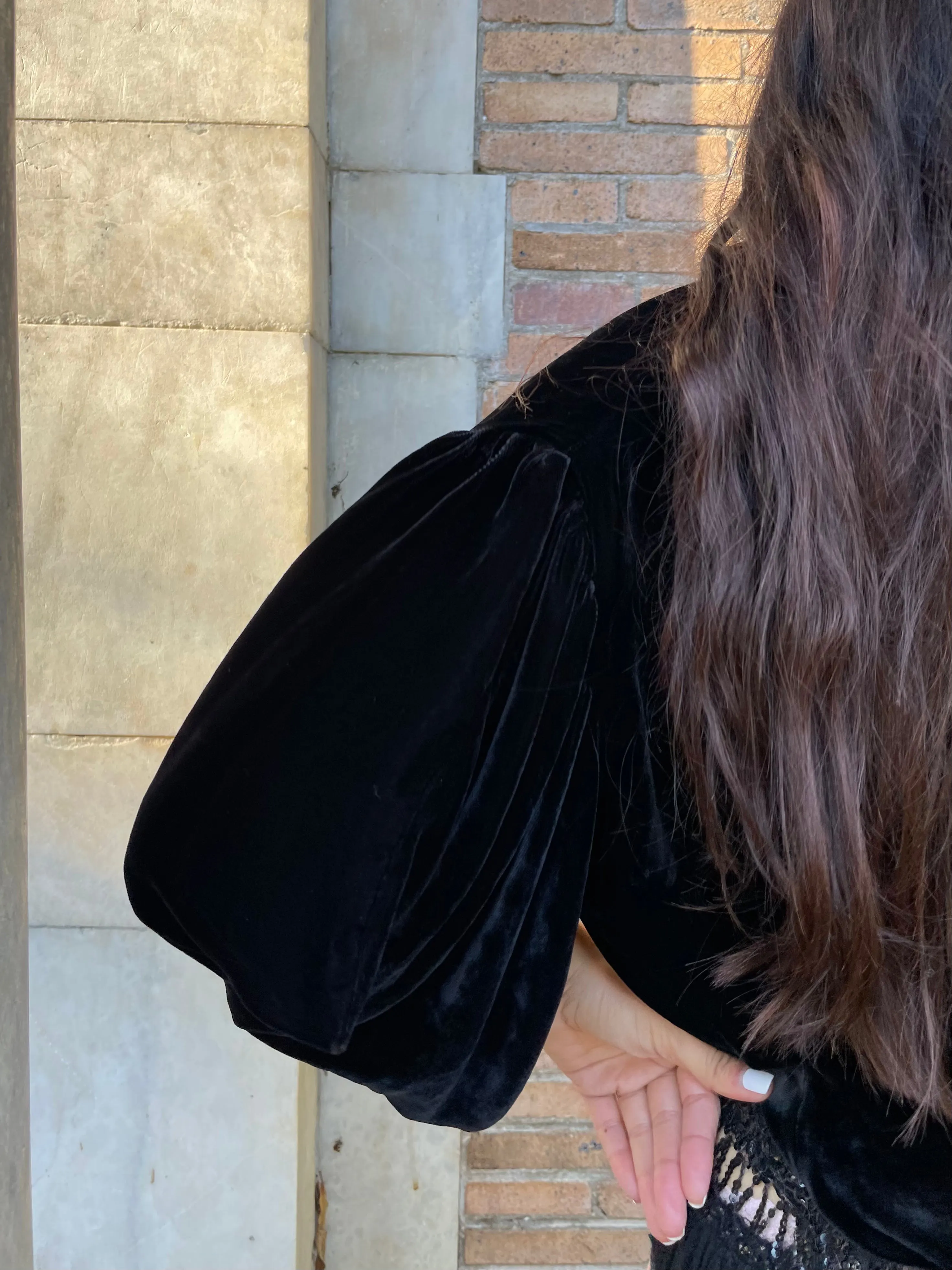 1930s/ 1940s Made In Paris Noir Silk Velvet Batwing Wrap Style Blouse