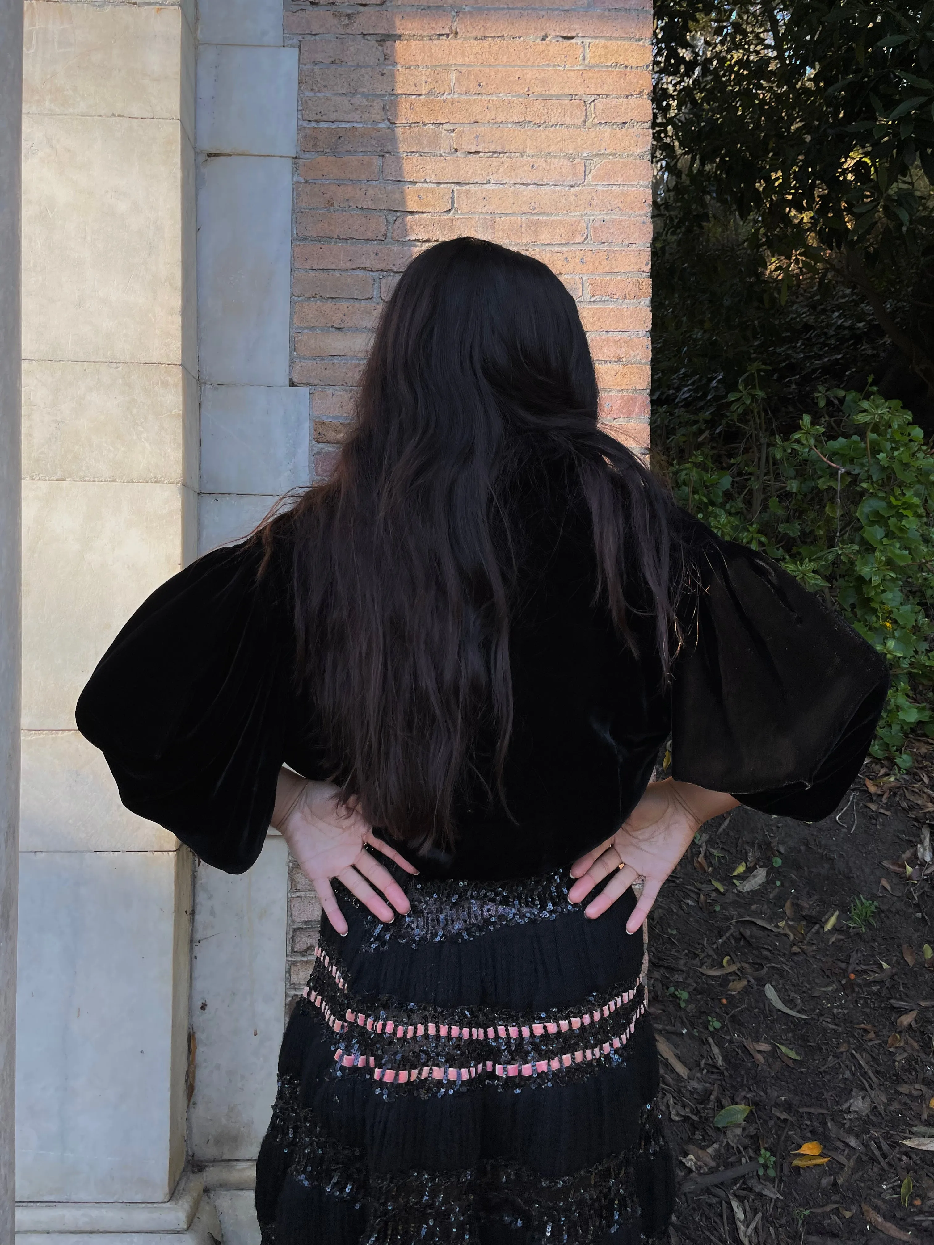1930s/ 1940s Made In Paris Noir Silk Velvet Batwing Wrap Style Blouse