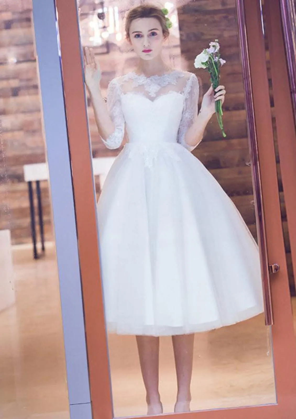 3/4 Sleeve Calf Length Lace Tulle Ball Gown Short Wedding Dress