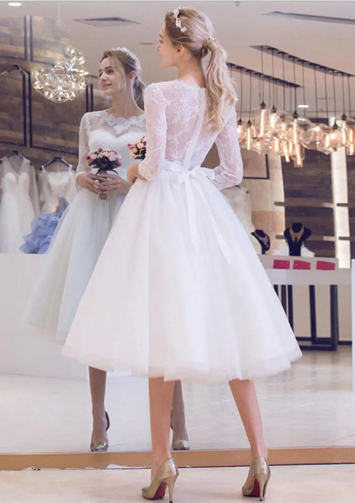 3/4 Sleeve Calf Length Lace Tulle Ball Gown Short Wedding Dress