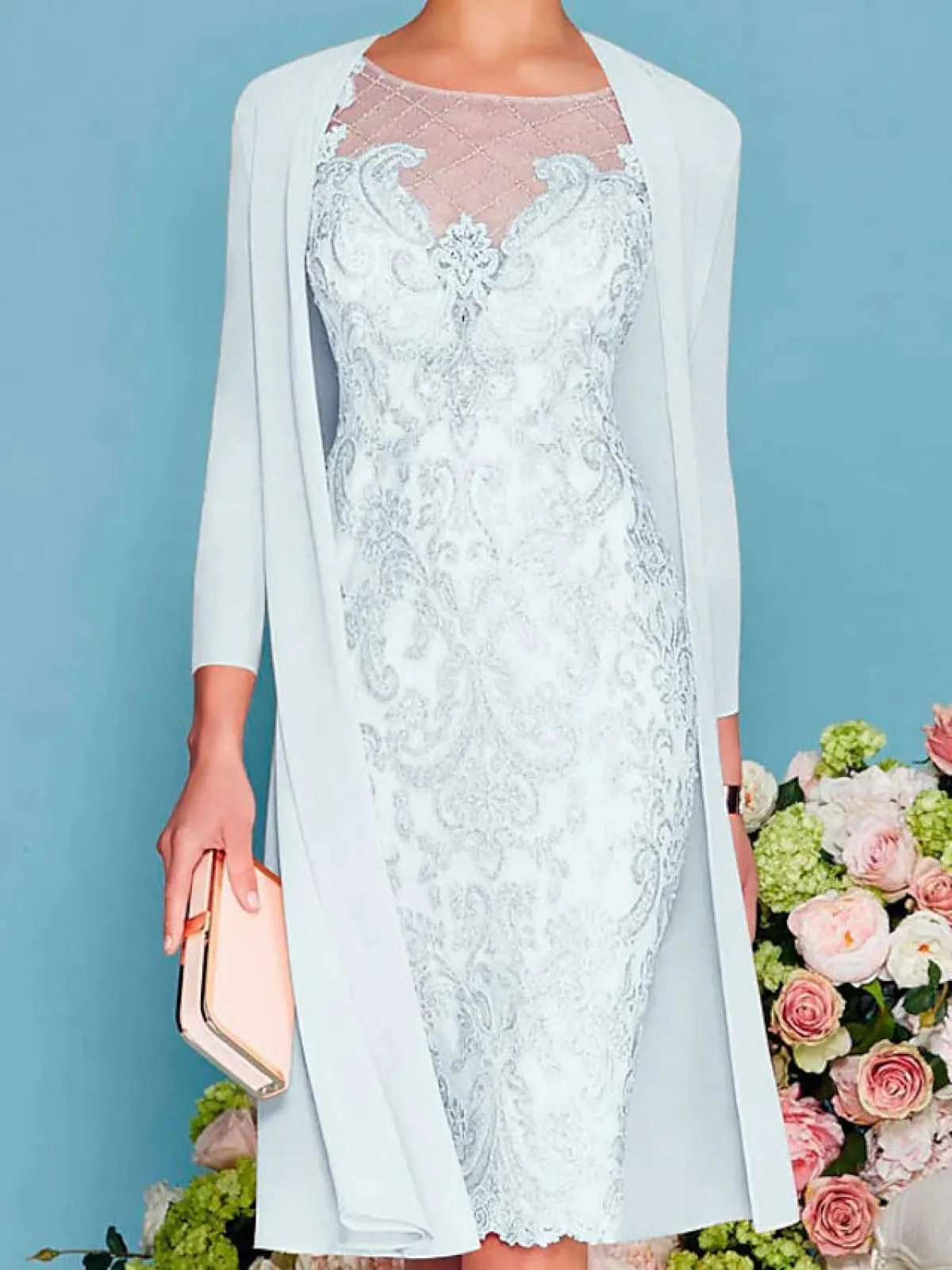 3/4 Sleeve Sheer Chiffon Lace Two Piece Sheath Mother of Bride Dress, Beaded Lace