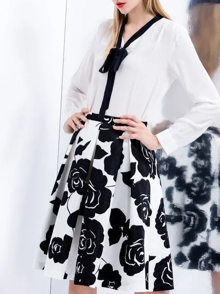 (A) Bow Solid Color Silk Blouse