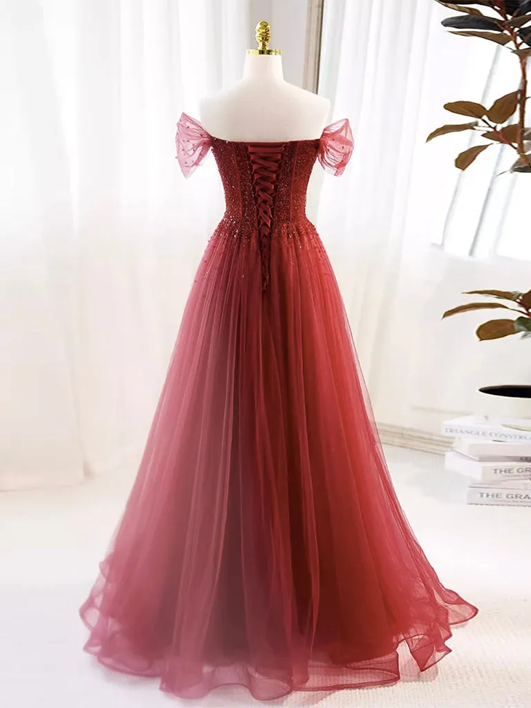A-Line Burgundy Tulle Sequin Long Prom Dress, Burgundy Formal Dress