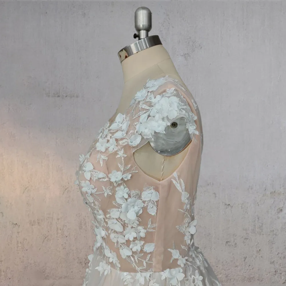 A-Line Champagne Floral 3D Lace Fantasy Wedding Dress