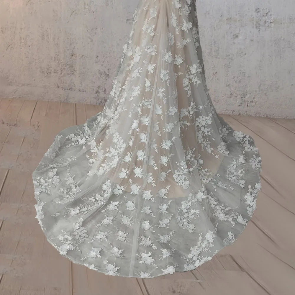 A-Line Champagne Floral 3D Lace Fantasy Wedding Dress