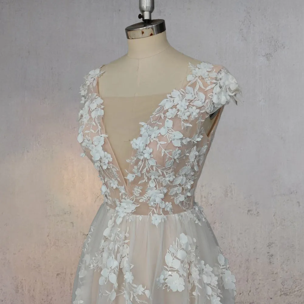 A-Line Champagne Floral 3D Lace Fantasy Wedding Dress