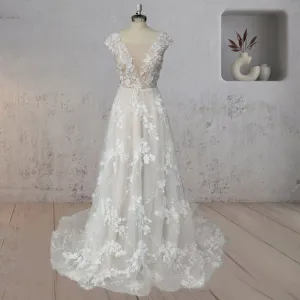 A-Line Champagne Floral 3D Lace Fantasy Wedding Dress