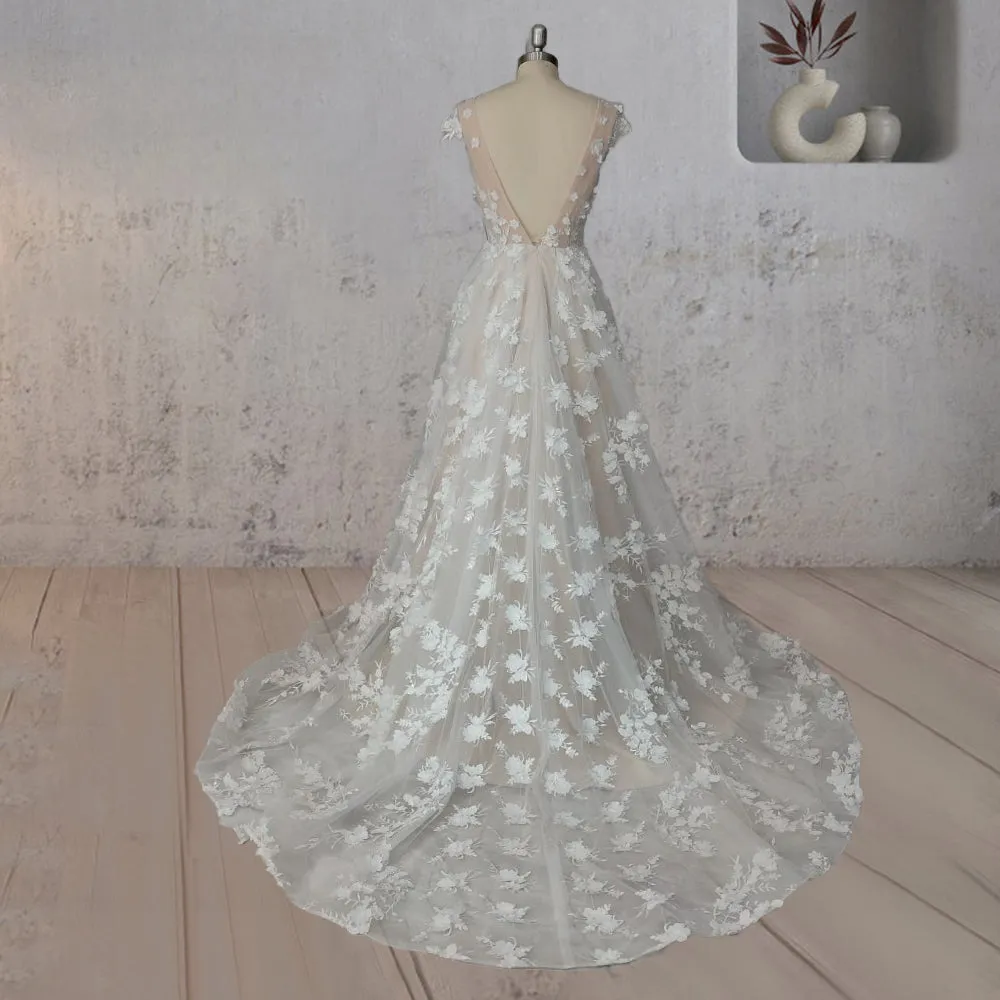 A-Line Champagne Floral 3D Lace Fantasy Wedding Dress
