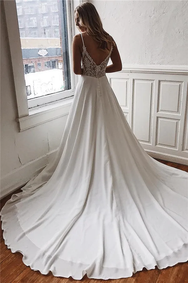 A-line Deep V-neck Court Spaghetti Strap Chiffon Crochet Flower Backless Wedding Dress