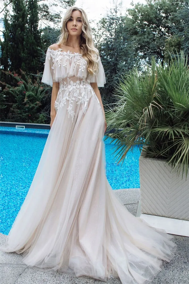A-Line Lace Button Covered Back Tulle Wedding Dress