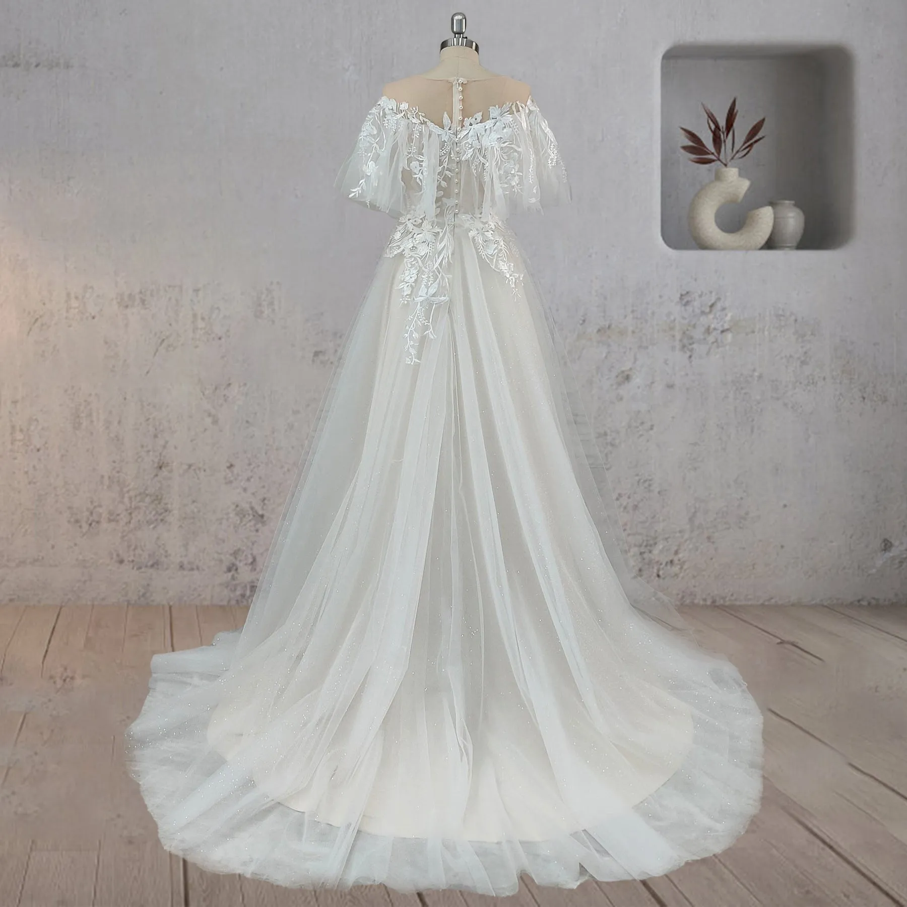 A-Line Lace Button Covered Back Tulle Wedding Dress