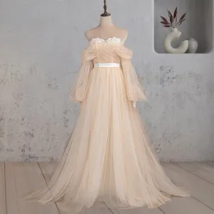 A-Line Off-the-Shoulder Long Sleeve Champagne Wedding Dress