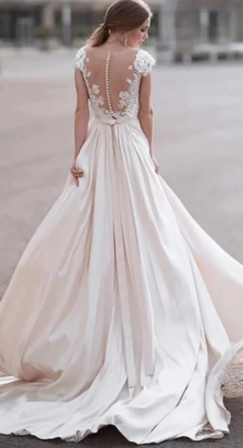 A line Short Sleeve Blush Wedding Dress