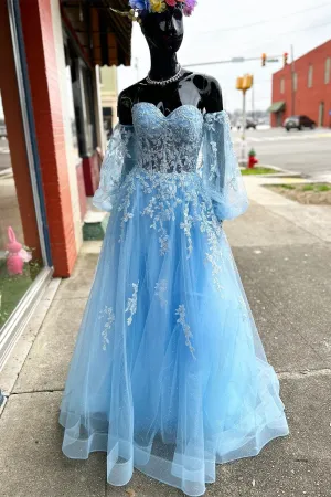 A-line Strapless Puff Long Sleeves Beaded Appliques Long Prom Dress