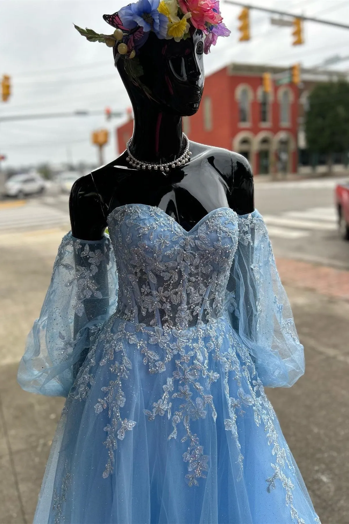 A-line Strapless Puff Long Sleeves Beaded Appliques Long Prom Dress