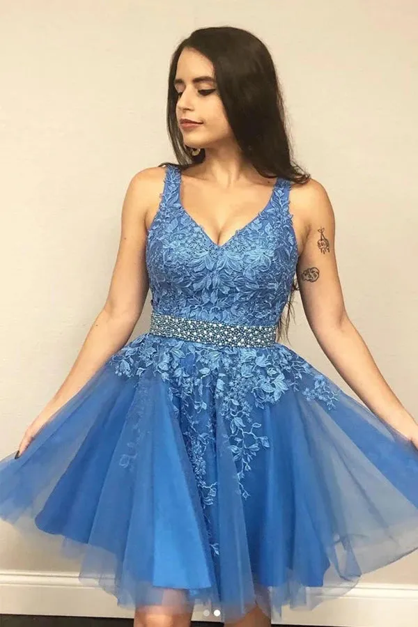 A-line V-neck Blue Short Prom Dress Homecoming Dress With Appliques,MH514