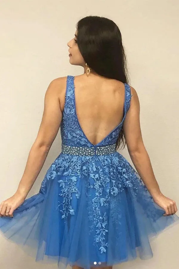A-line V-neck Blue Short Prom Dress Homecoming Dress With Appliques,MH514