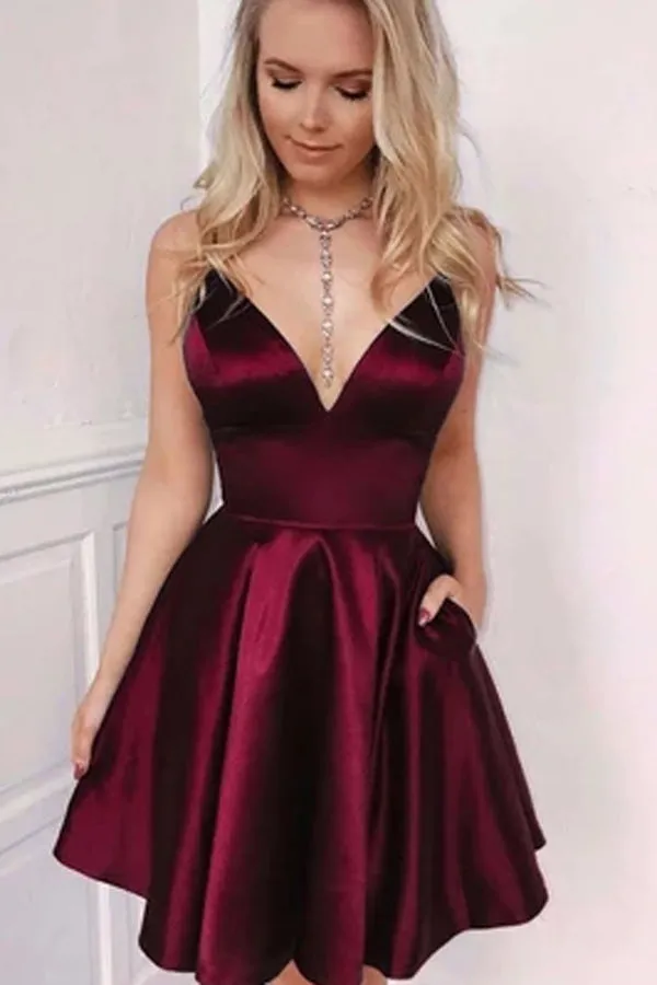 A-line V-neck Burgundy Satin Short Homecoming Dress with Pockets, MH454