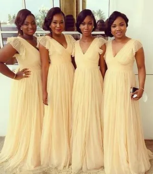 A line V-neckline Yellow Bridesmaid Dress