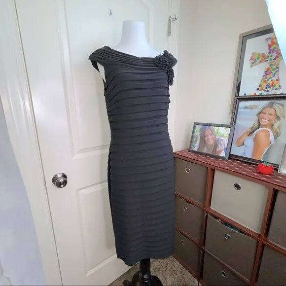 Adrianna Papell Black Dress Sheath Midi Stretch Dress Sz 12