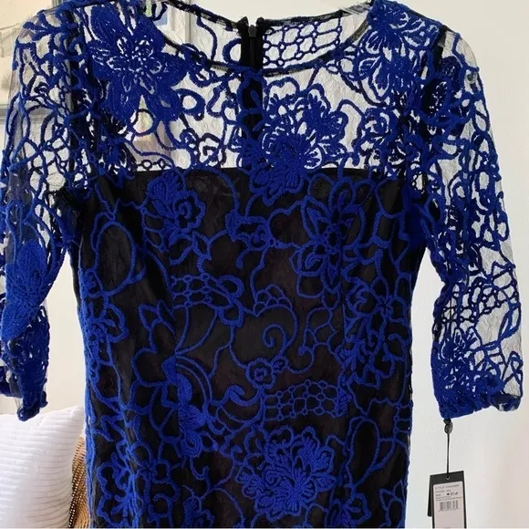 Adrianna Papell Juliet Lace Pleated Sheath Dress Blue Black Size 10P NWT
