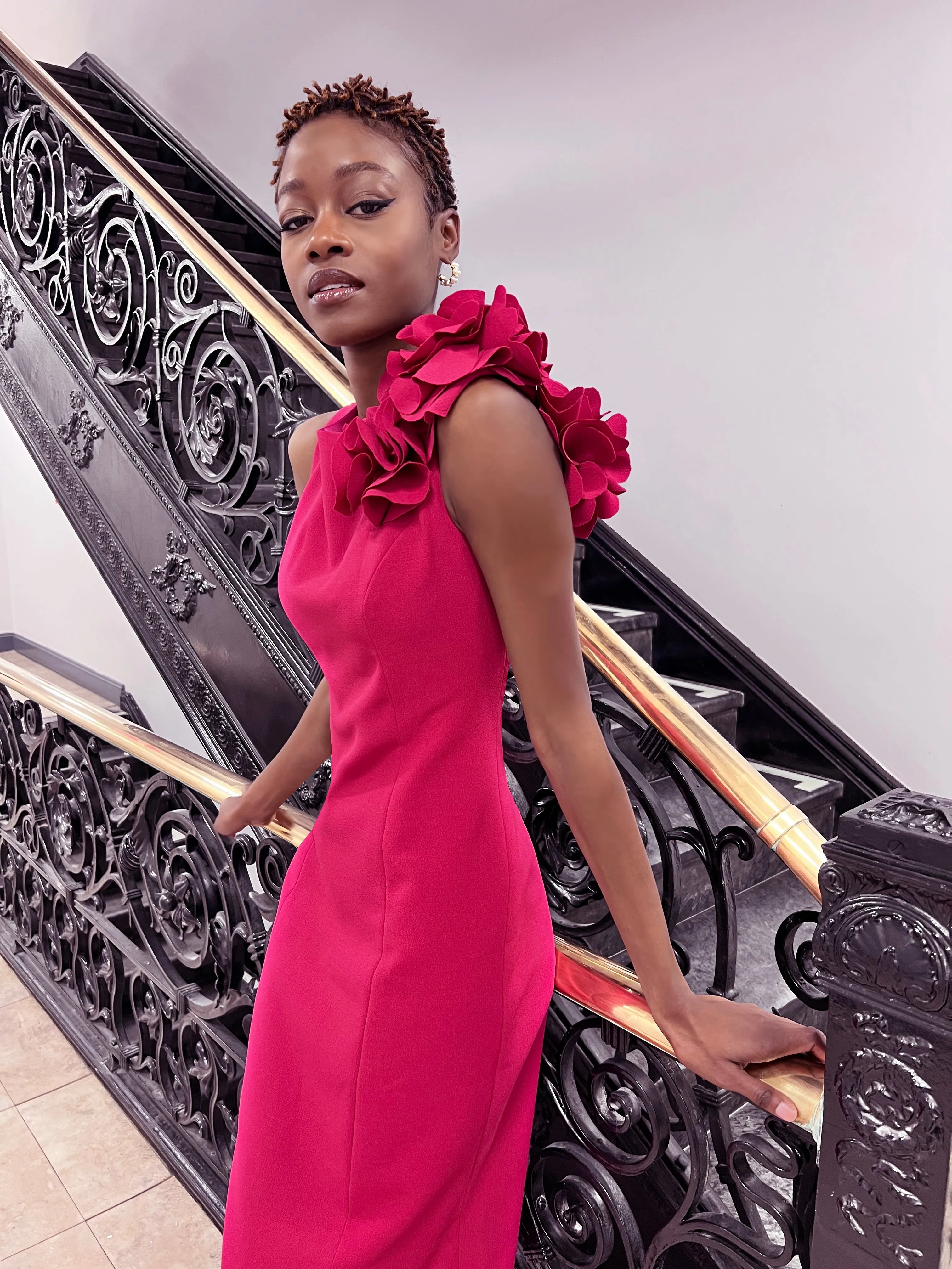 Aegina Red Sheath Cocktail Dress with Flower Detail