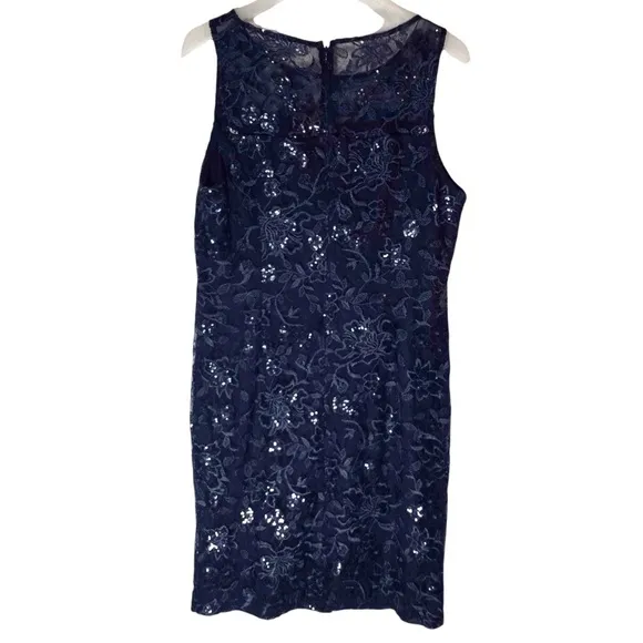 ALEX EVENINGS Blue Embroidered Sequin Sleeveless Sheath Dress Size 16