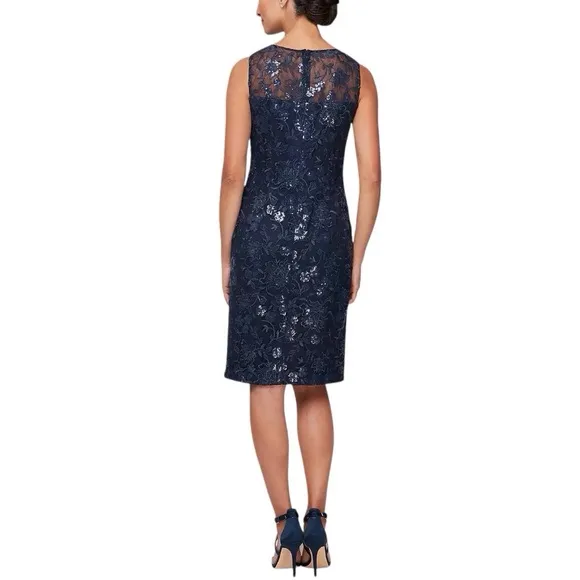 ALEX EVENINGS Blue Embroidered Sequin Sleeveless Sheath Dress Size 16