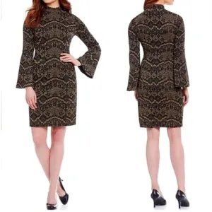 Alex Marie Sparkly Lace Jacquard Bell Sleeve Mock Neck Elegant Aly Dress