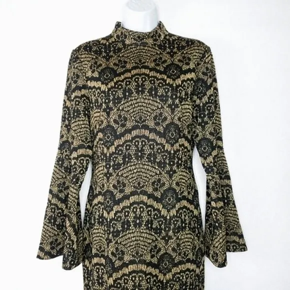 Alex Marie Sparkly Lace Jacquard Bell Sleeve Mock Neck Elegant Aly Dress