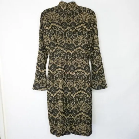 Alex Marie Sparkly Lace Jacquard Bell Sleeve Mock Neck Elegant Aly Dress