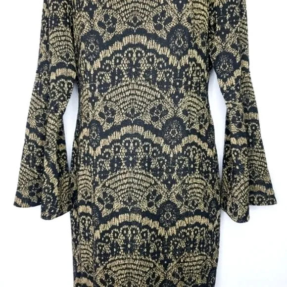 Alex Marie Sparkly Lace Jacquard Bell Sleeve Mock Neck Elegant Aly Dress