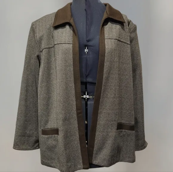 Alfred Dunner Coat Jacket Acrylic Blend Brown Herringbone Women's size 20