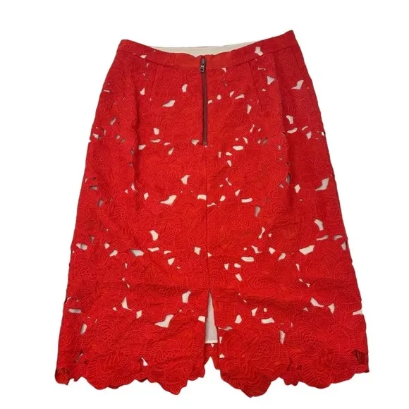 Alice   Olivia Size 2 Red Ferrel Lace Pencil Skirt Knee Length