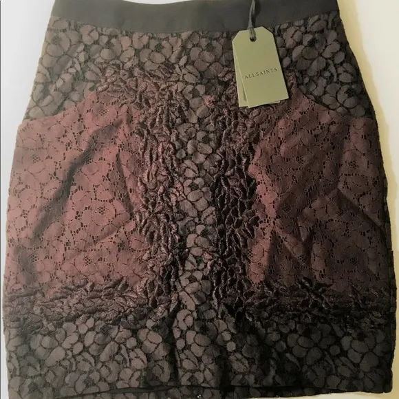 AllSaints Women’s Pencil Mini Skirt Lace Ifaneva Burgandy Red