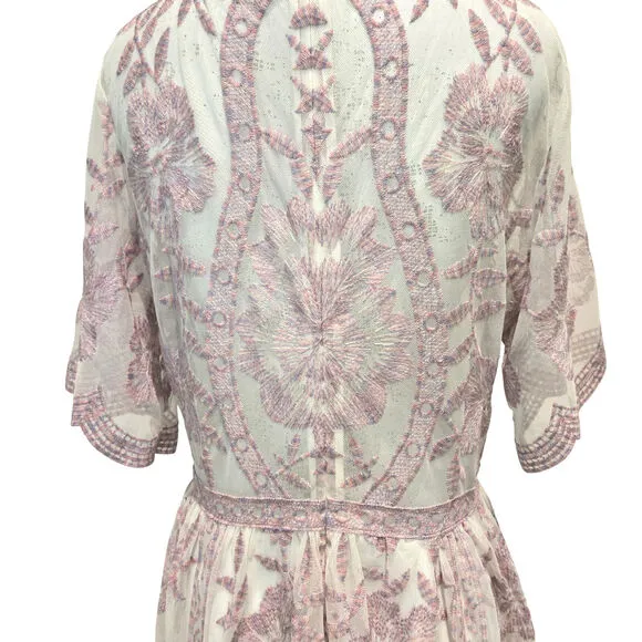 Altar'd State Catania Lace Sheer Mesh Fairy Pink Lavender Maxi Dress Gown, Sz L