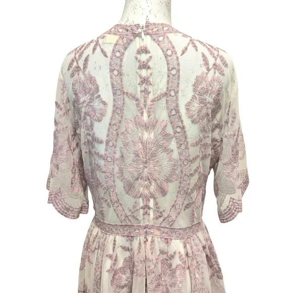 Altar'd State Catania Lace Sheer Mesh Fairy Pink Lavender Maxi Dress Gown, Sz L