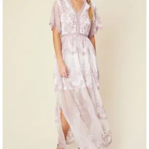 Altar'd State Catania Lace Sheer Mesh Fairy Pink Lavender Maxi Dress Gown, Sz L