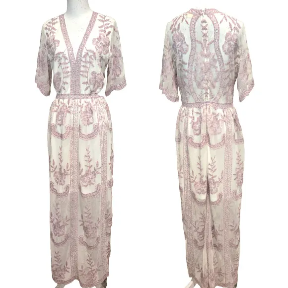 Altar'd State Catania Lace Sheer Mesh Fairy Pink Lavender Maxi Dress Gown, Sz L