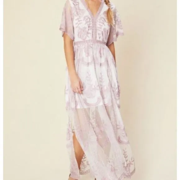 Altar'd State Catania Lace Sheer Mesh Fairy Pink Lavender Maxi Dress Gown, Sz L