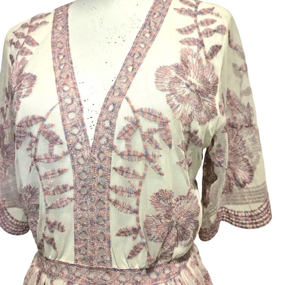 Altar'd State Catania Lace Sheer Mesh Fairy Pink Lavender Maxi Dress Gown, Sz L