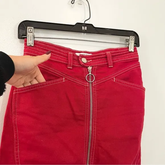 &amp; Other Stories Red Denim Stitch Zip Midi Pencil Skirt Pockets Organic Cotton 4