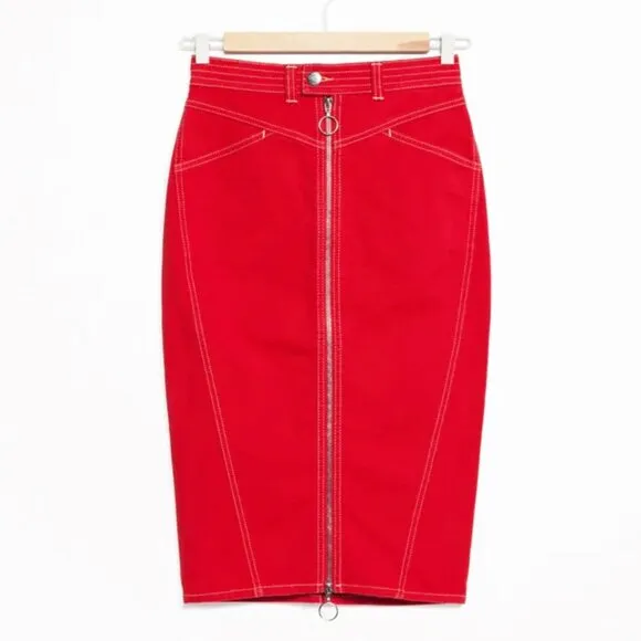 &amp; Other Stories Red Denim Stitch Zip Midi Pencil Skirt Pockets Organic Cotton 4