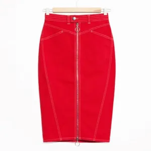 &amp; Other Stories Red Denim Stitch Zip Midi Pencil Skirt Pockets Organic Cotton 4