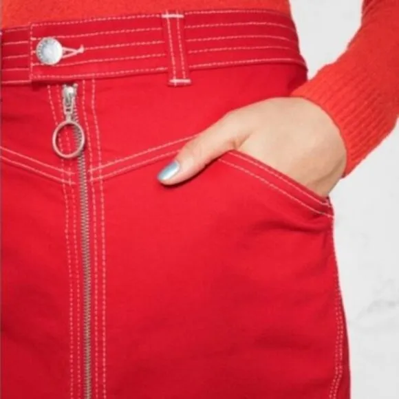 &amp; Other Stories Red Denim Stitch Zip Midi Pencil Skirt Pockets Organic Cotton 4
