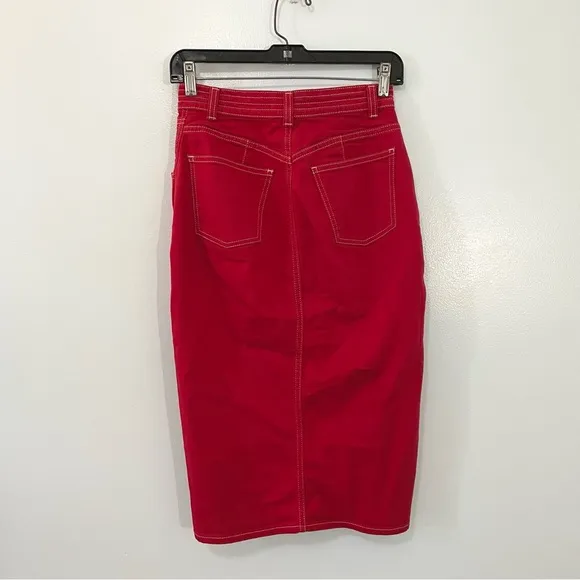 &amp; Other Stories Red Denim Stitch Zip Midi Pencil Skirt Pockets Organic Cotton 4