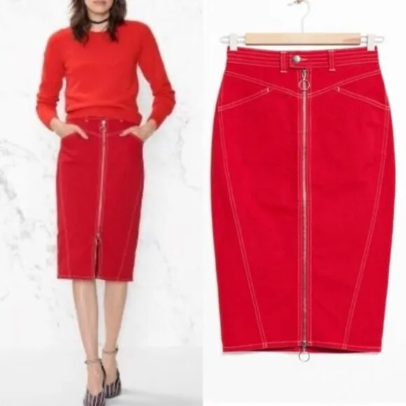 &amp; Other Stories Red Denim Stitch Zip Midi Pencil Skirt Pockets Organic Cotton 4