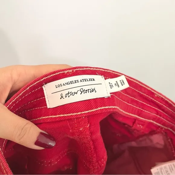 &amp; Other Stories Red Denim Stitch Zip Midi Pencil Skirt Pockets Organic Cotton 4
